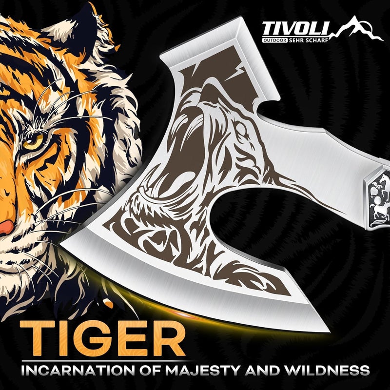 Tivoli Camping Axe, Tiger - Patterned Survival Hatchet with Nylon Sheath, High Carbon Steel Blade Compact Outdoor Bushcraft Axe with Ergonomic Wood Grip, Camping Gear for Hiking, Chopping, Hunting - Image 2